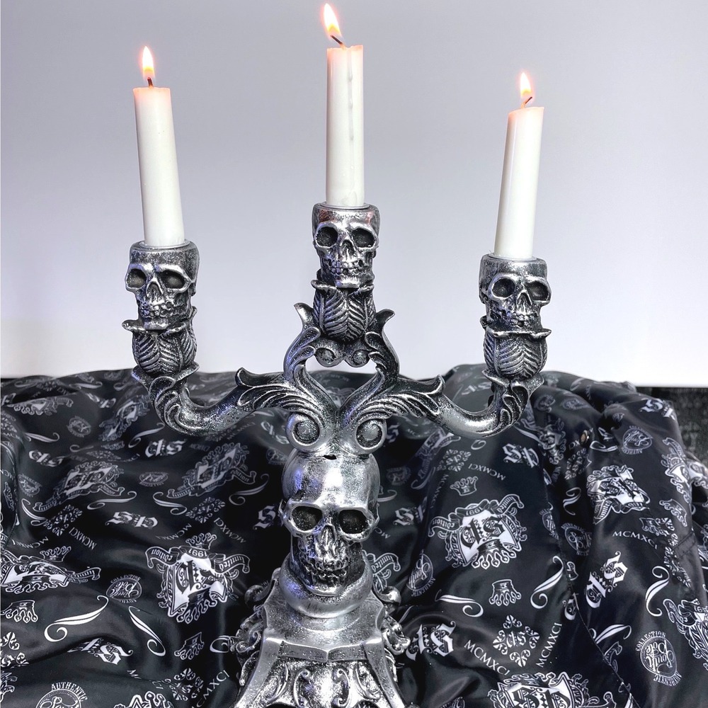Martha Stewart Halloween Silver Skull Candelabra 3 Candle Holder Gothic 11" READ
